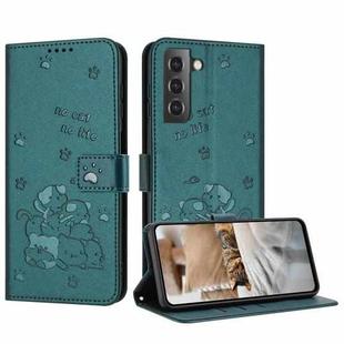 For Samsung Galaxy S21+ 5G Embossed Kitten Phone Leather Case with Lanyard(Dark Green)