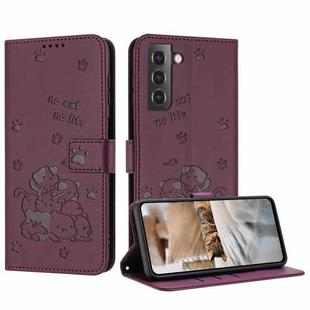 For Samsung Galaxy S21+ 5G Embossed Kitten Phone Leather Case with Lanyard(Wine Red)