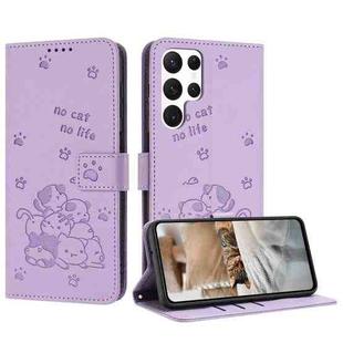 For Samsung Galaxy S25 Ultra 5G Embossed Kitten Phone Leather Case with Lanyard(Purple)