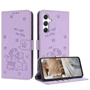For Samsung Galaxy S25 FE 5G Embossed Kitten Phone Leather Case with Lanyard(Purple)