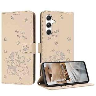 For Samsung Galaxy M35 5G Embossed Kitten Phone Leather Case with Lanyard(Beige)