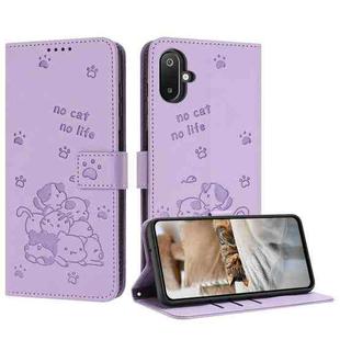 For Samsung Galaxy F06 5G / M06 5G Embossed Kitten Phone Leather Case with Lanyard(Purple)