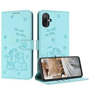 For Samsung Galaxy F06 5G / M06 5G Embossed Kitten Phone Leather Case with Lanyard(Mint Green)