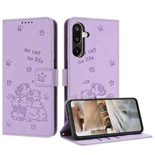 For Samsung Galaxy F16 5G / M16 5G Embossed Kitten Phone Leather Case with Lanyard(Purple)