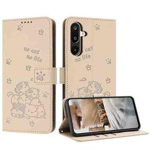 For Samsung Galaxy F16 5G / M16 5G Embossed Kitten Phone Leather Case with Lanyard(Beige)