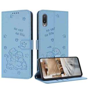 For Samsung Galaxy A02 EU / M02 Embossed Kitten Phone Leather Case with Lanyard(Blue)