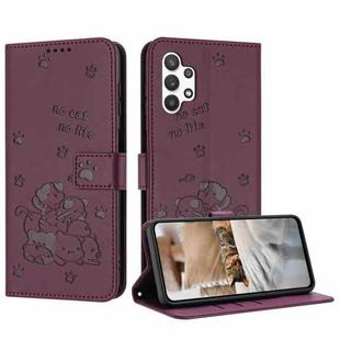 For Samsung Galaxy A13 5G / 4G Embossed Kitten Phone Leather Case with Lanyard(Wine Red)