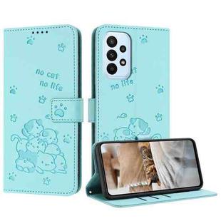 For Samsung Galaxy A72 4G / 5G Embossed Kitten Phone Leather Case with Lanyard(Mint Green)