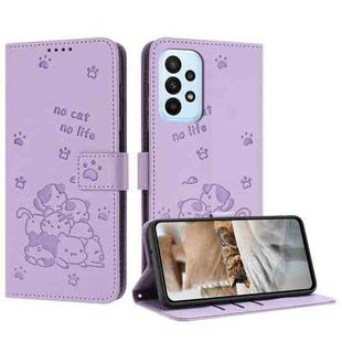 For Samsung Galaxy A73 5G Embossed Kitten Phone Leather Case with Lanyard(Purple)