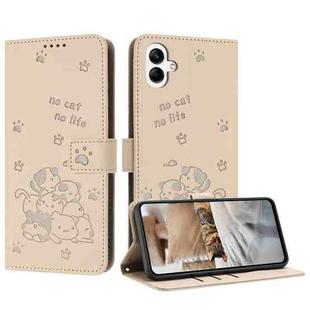 For Samsung Galaxy A07 4G Embossed Kitten Phone Leather Case with Lanyard(Beige)