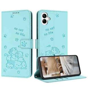 For Samsung Galaxy A07 4G Embossed Kitten Phone Leather Case with Lanyard(Mint Green)