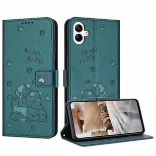 For Samsung Galaxy A07 4G Embossed Kitten Phone Leather Case with Lanyard(Dark Green)