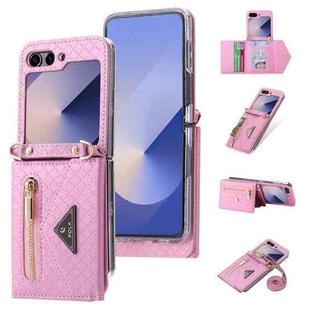 For Samsung Galaxy Z Flip6 POLA Grid Texture Multi-Card Slots Zipper Wallet Phone Case(Pink)