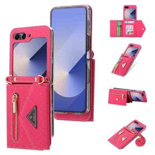 For Samsung Galaxy Z Flip6 POLA Grid Texture Multi-Card Slots Zipper Wallet Phone Case(Rose Red)