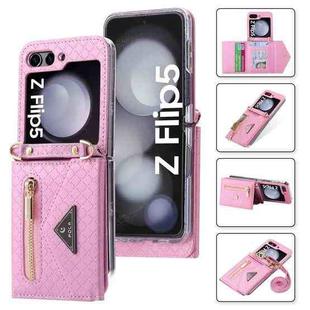 For Samsung Galaxy Z Flip5 POLA Grid Texture Multi-Card Slots Zipper Wallet Phone Case(Pink)