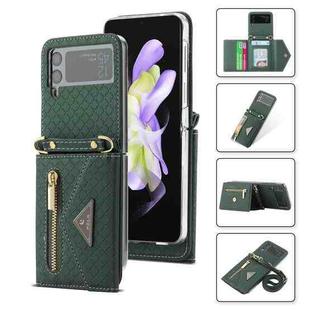 For Samsung Galaxy Z Flip4 POLA Grid Texture Multi-Card Slots Zipper Wallet Phone Case(Green)