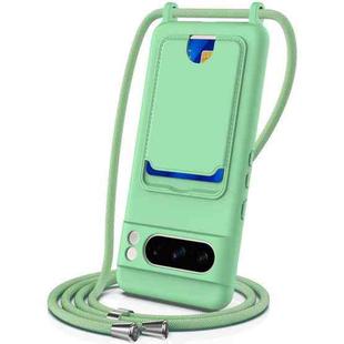 For Google Pixel 8 Pro Integrated Card Bag Solid Color Liquid Silicone Phone Case with Lanyard(Green)