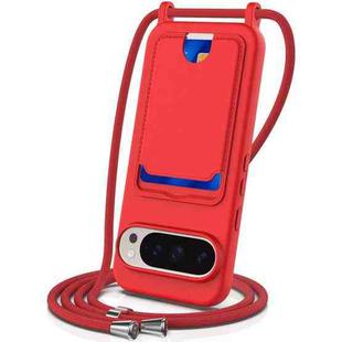 For Google Pixel 9 Pro Integrated Card Bag Solid Color Liquid Silicone Phone Case with Lanyard(Red)