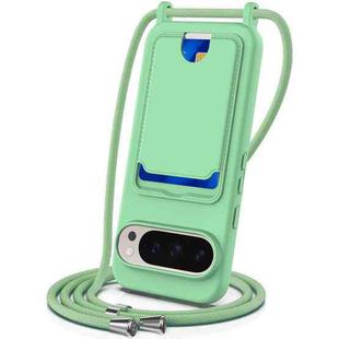 For Google Pixel 9 Pro Integrated Card Bag Solid Color Liquid Silicone Phone Case with Lanyard(Green)