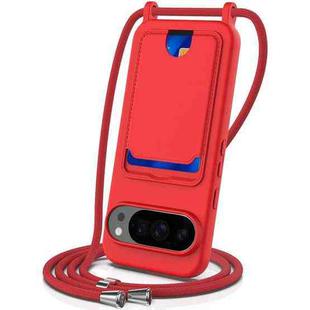 For Google Pixel 10 Pro Integrated Card Bag Solid Color Liquid Silicone Phone Case with Lanyard(Red)