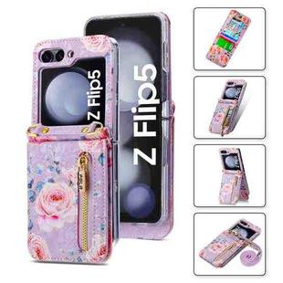 For Samsung Galaxy Z Flip5 POLA Rose Pattern Multi-Card Slots Zipper Wallet Phone Case(Purple)