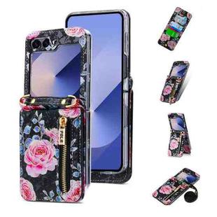 For Samsung Galaxy Z Flip6 POLA Rose Pattern Multi-Card Slots Zipper Wallet Phone Case(Black)