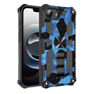 For iPhone 16e Camouflage Armor Kickstand TPU Hybrid PC Magnetic Phone Case(Blue)
