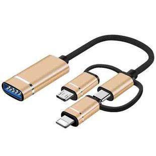 3 in 1 USB Female to Micro USB, Type-C, 8 Pin Male OTG Adapter(Gold)