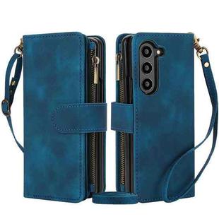 For Samsung Galaxy Z Fold6 Dream 9-Card Zipper Wallet RFID Leather Phone Case with Lanyard(Blue)