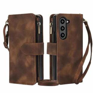 For Samsung Galaxy Z Fold6 Dream 9-Card Zipper Wallet RFID Leather Phone Case with Lanyard(Brown)