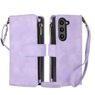 For Samsung Galaxy Z Fold6 Dream 9-Card Zipper Wallet RFID Leather Phone Case with Lanyard(Purple)