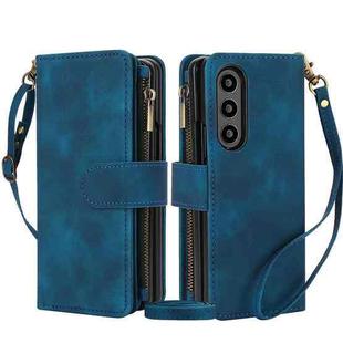 For Samsung Galaxy Z Fold4 5G Dream 9-Card Zipper Wallet RFID Leather Phone Case with Lanyard(Blue)