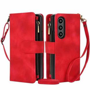 For Samsung Galaxy Z Fold4 5G Dream 9-Card Zipper Wallet RFID Leather Phone Case with Lanyard(Red)