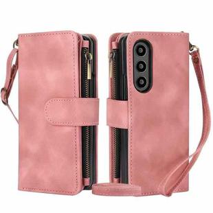 For Samsung Galaxy Z Fold4 5G Dream 9-Card Zipper Wallet RFID Leather Phone Case with Lanyard(Rose Gold)