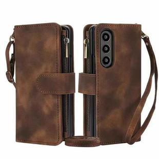 For Samsung Galaxy Z Fold4 5G Dream 9-Card Zipper Wallet RFID Leather Phone Case with Lanyard(Brown)