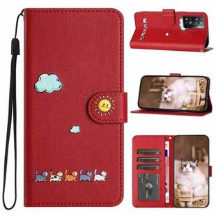 For OPPO A57 5G / 4G Cartoon Cats Leather Phone Case(Red)