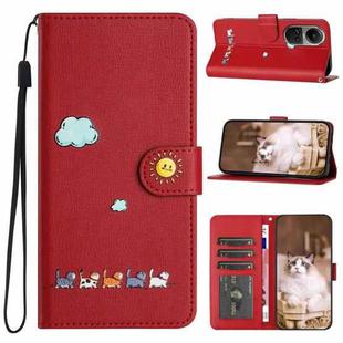 For OPPO Reno10 / Reno10 Pro Cartoon Cats Leather Phone Case(Red)