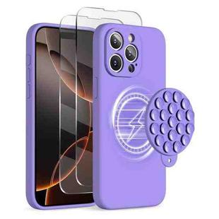 For iPhone 16 Pro Max Silicone Suction Cup MagSafe Phone Case with Screen Film(Purple)