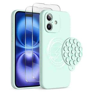 For iPhone 16 Plus Silicone Suction Cup MagSafe Phone Case with Screen Film(Mint Green)