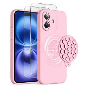 For iPhone 16 Silicone Suction Cup MagSafe Phone Case with Screen Film(Pink)