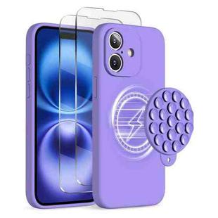 For iPhone 16 Silicone Suction Cup MagSafe Phone Case with Screen Film(Purple)