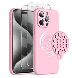 For iPhone 15 Pro Max Silicone Suction Cup MagSafe Phone Case with Screen Film(Pink)