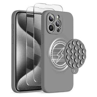 For iPhone 15 Pro Max Silicone Suction Cup MagSafe Phone Case with Screen Film(Grey)