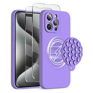 For iPhone 15 Pro Max Silicone Suction Cup MagSafe Phone Case with Screen Film(Purple)