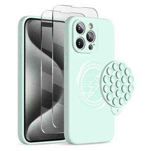 For iPhone 15 Pro Silicone Suction Cup MagSafe Phone Case with Screen Film(Mint Green)