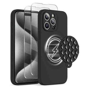 For iPhone 15 Pro Silicone Suction Cup MagSafe Phone Case with Screen Film(Black)