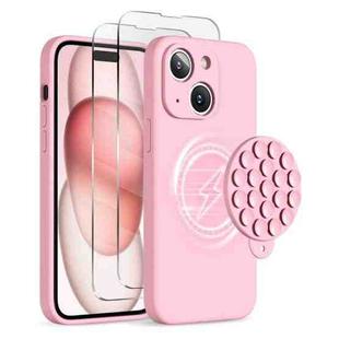 For iPhone 15 Plus Silicone Suction Cup MagSafe Phone Case with Screen Film(Pink)