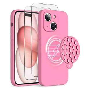 For iPhone 15 Plus Silicone Suction Cup MagSafe Phone Case with Screen Film(Soft Pink)