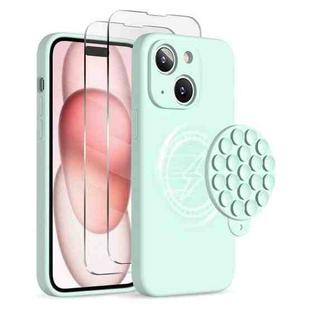 For iPhone 15 Silicone Suction Cup MagSafe Phone Case with Screen Film(Mint Green)