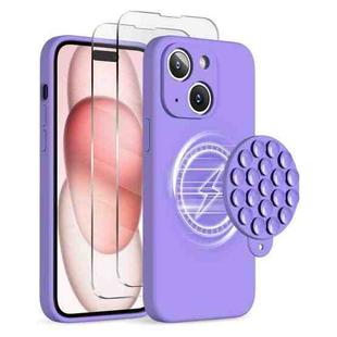 For iPhone 15 Silicone Suction Cup MagSafe Phone Case with Screen Film(Purple)